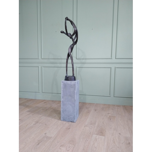 355 - Good quality contemporary bronze sculpture of Lovers in Motion on slate pedestal. {200 cm H x 30 cm ... 