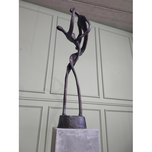 355 - Good quality contemporary bronze sculpture of Lovers in Motion on slate pedestal. {200 cm H x 30 cm ... 