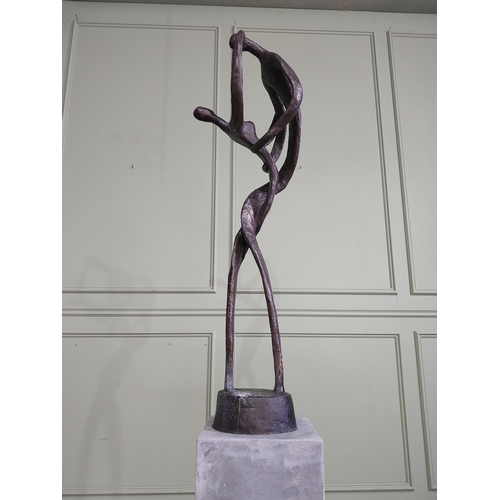 355 - Good quality contemporary bronze sculpture of Lovers in Motion on slate pedestal. {200 cm H x 30 cm ... 