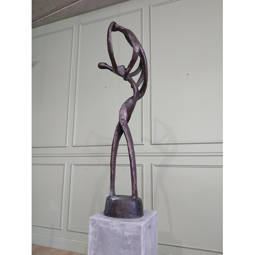 355 - Good quality contemporary bronze sculpture of Lovers in Motion on slate pedestal. {200 cm H x 30 cm ... 