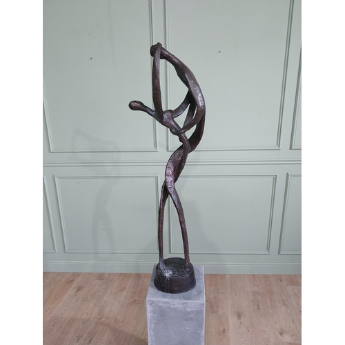 355 - Good quality contemporary bronze sculpture of Lovers in Motion on slate pedestal. {200 cm H x 30 cm ... 