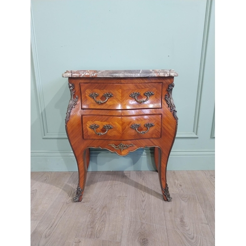 356 - Edwardian French kingwood Bombay chest with marble top and two drawers raised on shaped feet. {66 cm... 