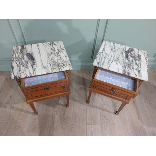 364 - Pair of Edwardian French satinwood bedside lockers with marble tops and ormolu mounts. {80 cm H x 50... 