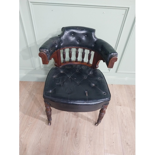 369 - Edwardian mahogany and leather upholstered office chair on reeded legs. {88 cm H x 68 cm W x 72 cm D... 