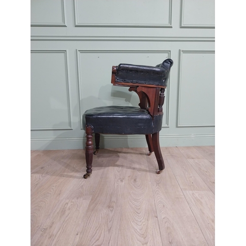 369 - Edwardian mahogany and leather upholstered office chair on reeded legs. {88 cm H x 68 cm W x 72 cm D... 