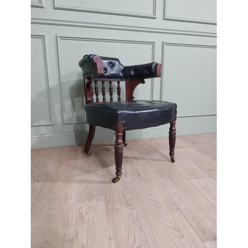 369 - Edwardian mahogany and leather upholstered office chair on reeded legs. {88 cm H x 68 cm W x 72 cm D... 