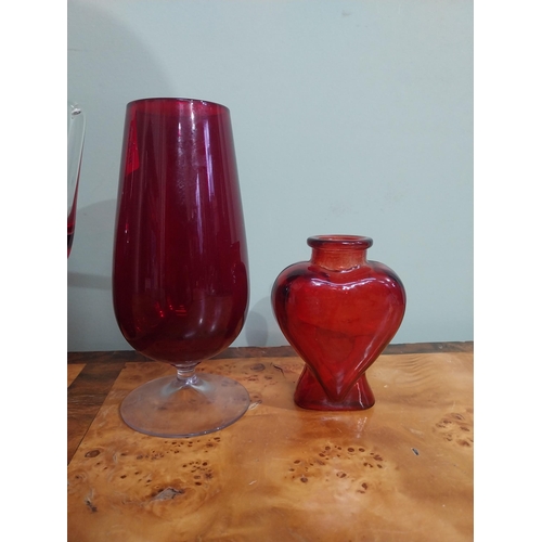 373 - Two ruby glass glasses, vase, bottle and jug. {23 cm H  to 10 cm H}.