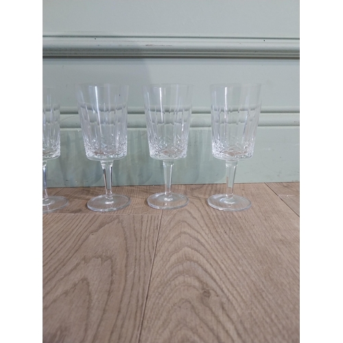 377 - Set of six cut glass crystal wine glasses. {17 cm H}.