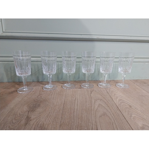 377 - Set of six cut glass crystal wine glasses. {17 cm H}.