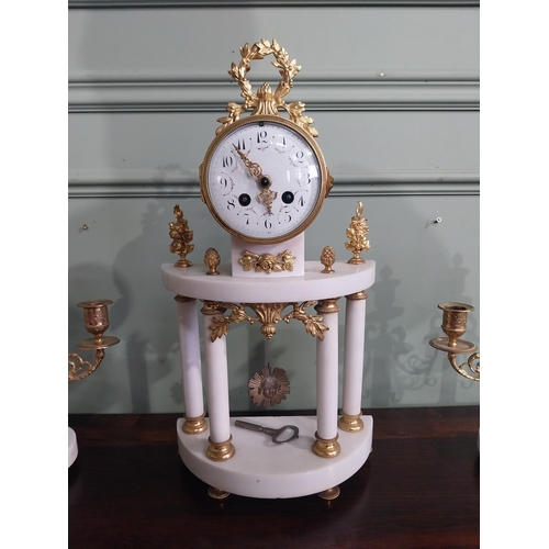 378 - 19th C. French marble clock garniture set with gilded brass mounts. {48 cm H x 25 cm W x 13 cm D} an... 