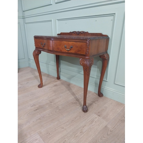 388 - Burr walnut side table in the Victorian style with carved gallery back, two short drawers in frieze ... 