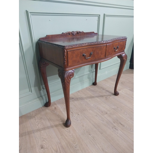 388 - Burr walnut side table in the Victorian style with carved gallery back, two short drawers in frieze ... 