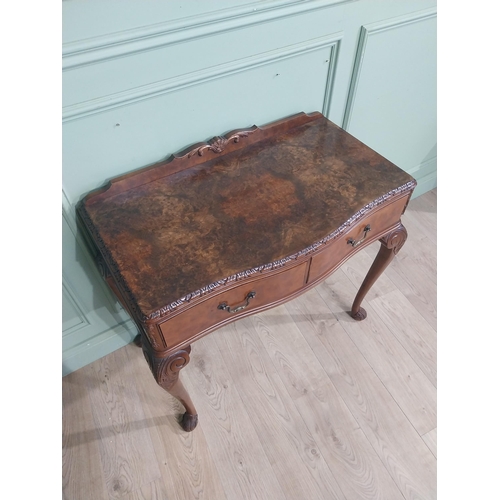 388 - Burr walnut side table in the Victorian style with carved gallery back, two short drawers in frieze ... 