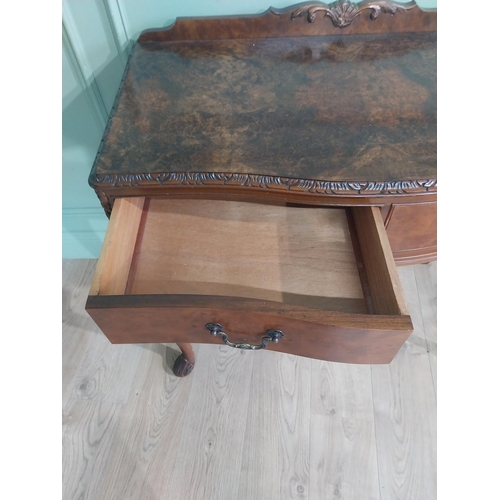 388 - Burr walnut side table in the Victorian style with carved gallery back, two short drawers in frieze ... 