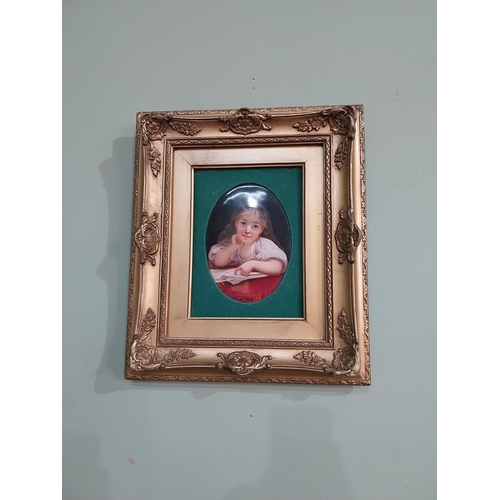 394 - Hand painted ceramic plaque depicting Girl mounted in giltwood frame in the Victorian style. {42 cm ... 