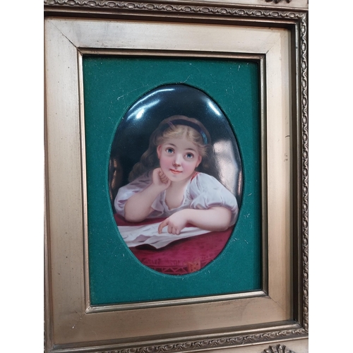 394 - Hand painted ceramic plaque depicting Girl mounted in giltwood frame in the Victorian style. {42 cm ... 