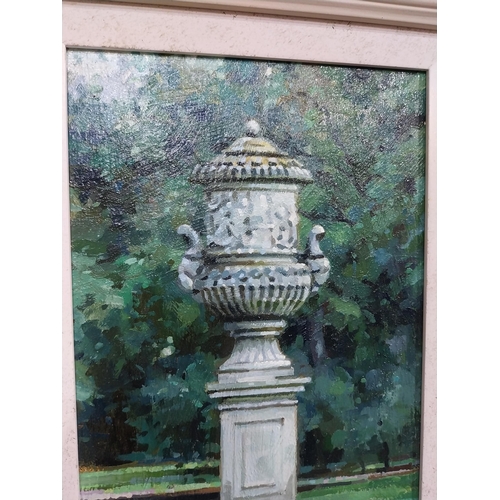 396 - Mark O'Neill Park Urn Oil on board mounted in painted wooden frame. {55 cm H x 45 cm W}.