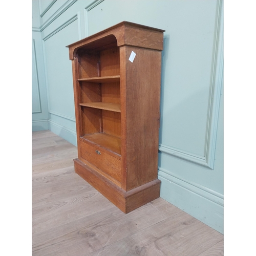 398 - Edwardian oak open floor bookshelf with single drawer in base. {77 cm H x 55 cm W x 22 cm D].