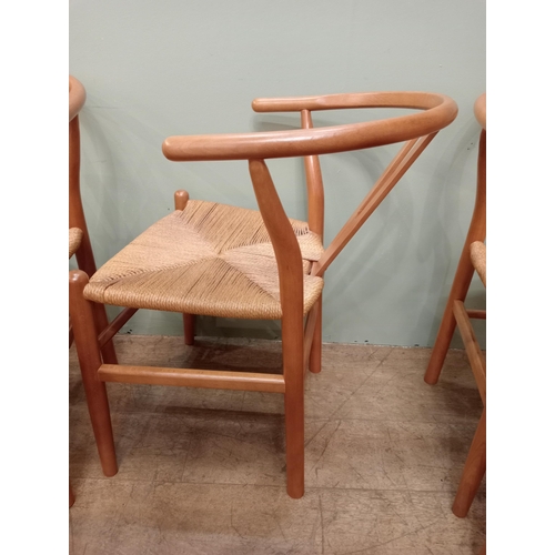 4 - Set of eight vintage wishbone Danish dining chairs with woven rush seats {H 73cm x W 52cm x D 52cm}.... 