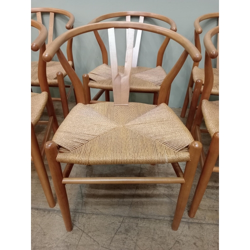 4 - Set of eight vintage wishbone Danish dining chairs with woven rush seats {H 73cm x W 52cm x D 52cm}.... 