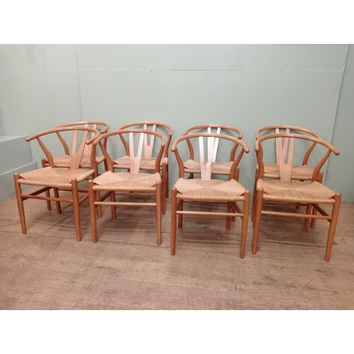 4 - Set of eight vintage wishbone Danish dining chairs with woven rush seats {H 73cm x W 52cm x D 52cm}.... 