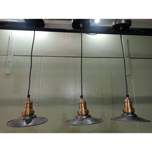 401 - Three bronze and brass industrial hanging lights.  {H 64cm x Dia 20cm}.  NOT AVAILABLE TO VIEW IN PE... 