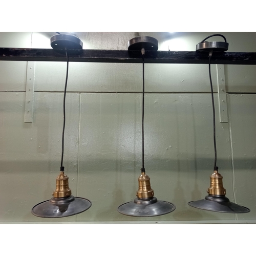 401 - Three bronze and brass industrial hanging lights.  {H 64cm x Dia 20cm}.  NOT AVAILABLE TO VIEW IN PE... 