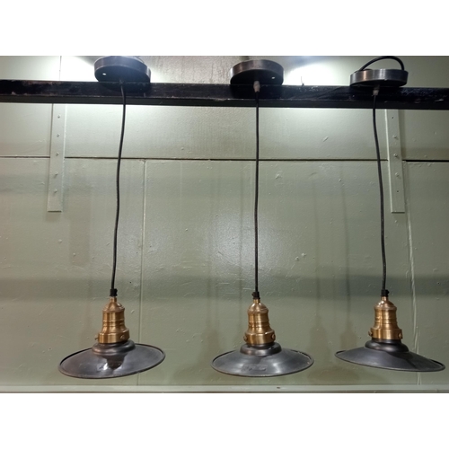 401 - Three bronze and brass industrial hanging lights.  {H 64cm x Dia 20cm}.  NOT AVAILABLE TO VIEW IN PE... 