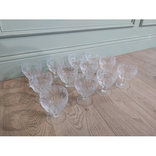 404 - Set of twelve cut glass Stuart crystal dessert bowls with etched grape and vine decoration. {12 cm H... 