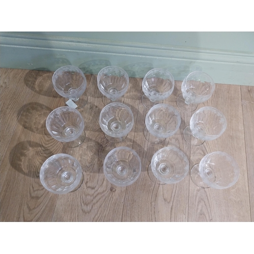 404 - Set of twelve cut glass Stuart crystal dessert bowls with etched grape and vine decoration. {12 cm H... 