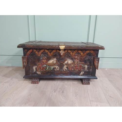 408 - Early 20th C. Carved pine trunk decorated with Knights. {53 cm H x 112 cm W x 53 cm D}.