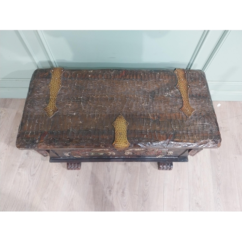 408 - Early 20th C. Carved pine trunk decorated with Knights. {53 cm H x 112 cm W x 53 cm D}.