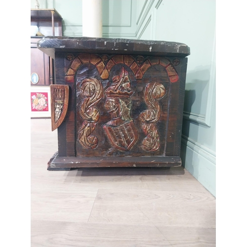 408 - Early 20th C. Carved pine trunk decorated with Knights. {53 cm H x 112 cm W x 53 cm D}.