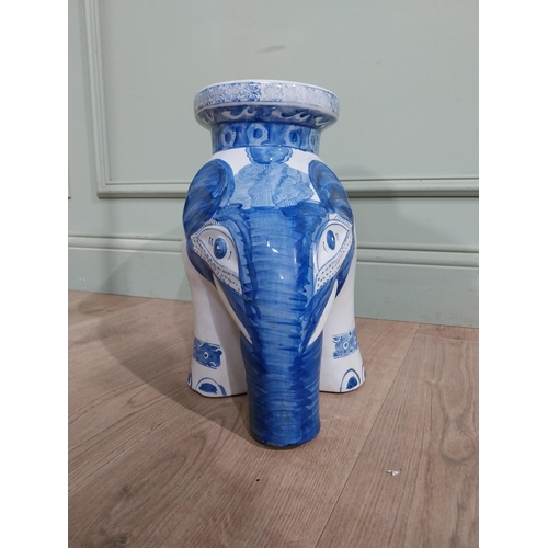 416 - Oriental blue and white garden stool in the form of an Elephant. {36 cm H x 44 cm W x 22 cm D].