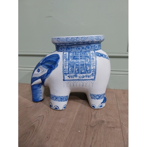 416 - Oriental blue and white garden stool in the form of an Elephant. {36 cm H x 44 cm W x 22 cm D].