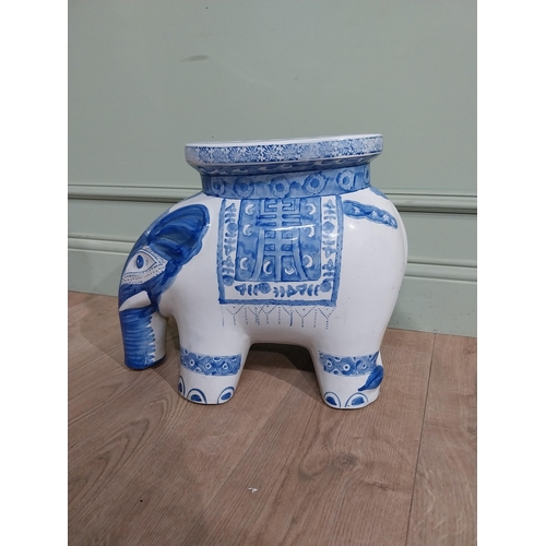 416 - Oriental blue and white garden stool in the form of an Elephant. {36 cm H x 44 cm W x 22 cm D].