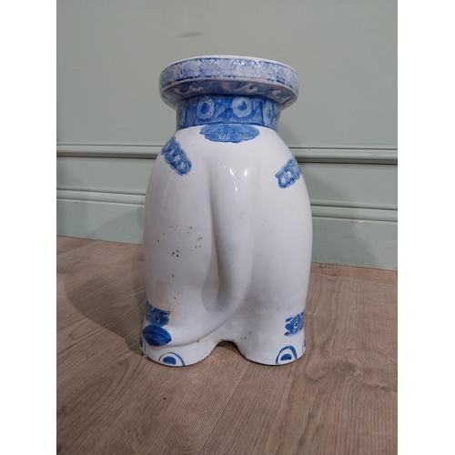 416 - Oriental blue and white garden stool in the form of an Elephant. {36 cm H x 44 cm W x 22 cm D].