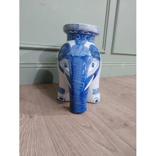 416 - Oriental blue and white garden stool in the form of an Elephant. {36 cm H x 44 cm W x 22 cm D].