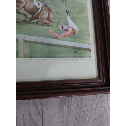 422 - Four Edwardian Grand National coloured prints mounted in oak frames. {24 cm H x 37 cm W}.