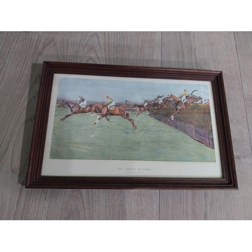 422 - Four Edwardian Grand National coloured prints mounted in oak frames. {24 cm H x 37 cm W}.