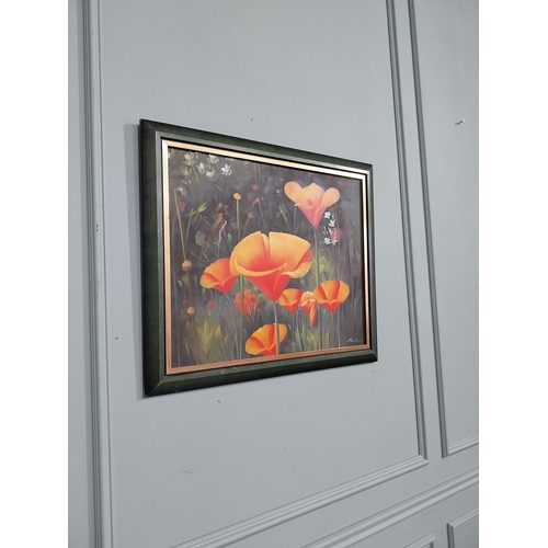 423 - Oleograph of Flowers in painted pine frame. {60 cm H x 73 cm W}.