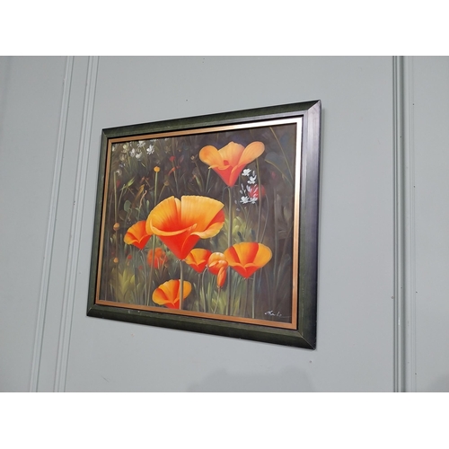 423 - Oleograph of Flowers in painted pine frame. {60 cm H x 73 cm W}.