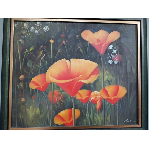 423 - Oleograph of Flowers in painted pine frame. {60 cm H x 73 cm W}.