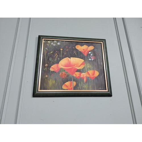 423 - Oleograph of Flowers in painted pine frame. {60 cm H x 73 cm W}.