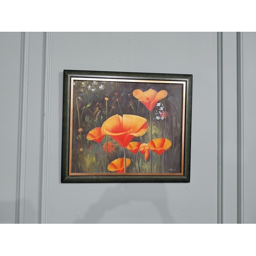 423 - Oleograph of Flowers in painted pine frame. {60 cm H x 73 cm W}.