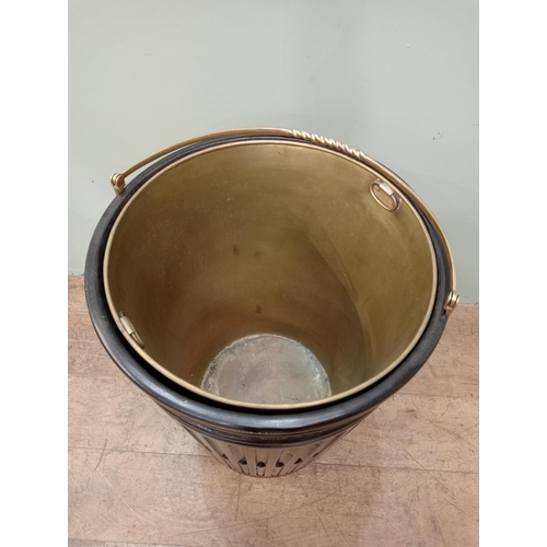 432 - Mahogany ribbed Irish peat bucket with brass insert.  {H 60cm x Dia 50cm}.  NOT AVAILABLE TO VIEW IN... 