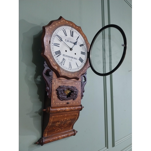 433 - Victorian rosewood and satinwood inlaid wall clock by G R Rogers with painted dial. {80 cm H x 40 cm... 