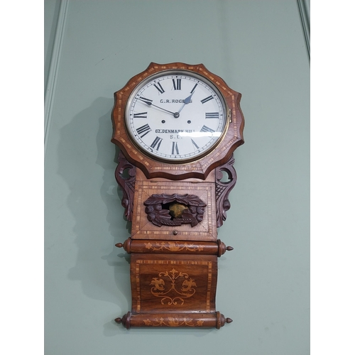 433 - Victorian rosewood and satinwood inlaid wall clock by G R Rogers with painted dial. {80 cm H x 40 cm... 