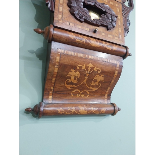 433 - Victorian rosewood and satinwood inlaid wall clock by G R Rogers with painted dial. {80 cm H x 40 cm... 