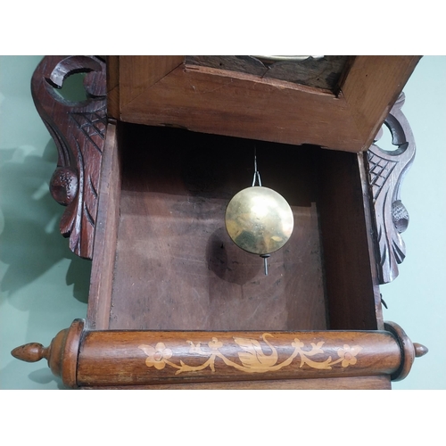 433 - Victorian rosewood and satinwood inlaid wall clock by G R Rogers with painted dial. {80 cm H x 40 cm... 